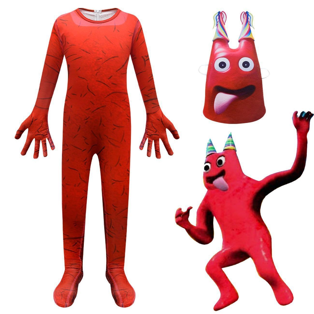Children's Halloween cosplay costumes: green and red monster one-piece suit, funny mask, tight-fitting suit, boys' party role-playing perfor