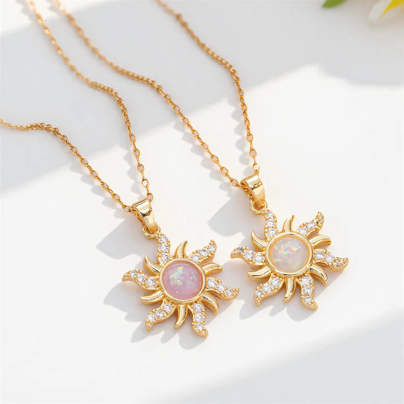 Pink Resin White Opal Sun Flower Pendant Necklaces For Women Vintage Gold Color Stainless Steel Chains Jewelry Mothers Day Gift 250729