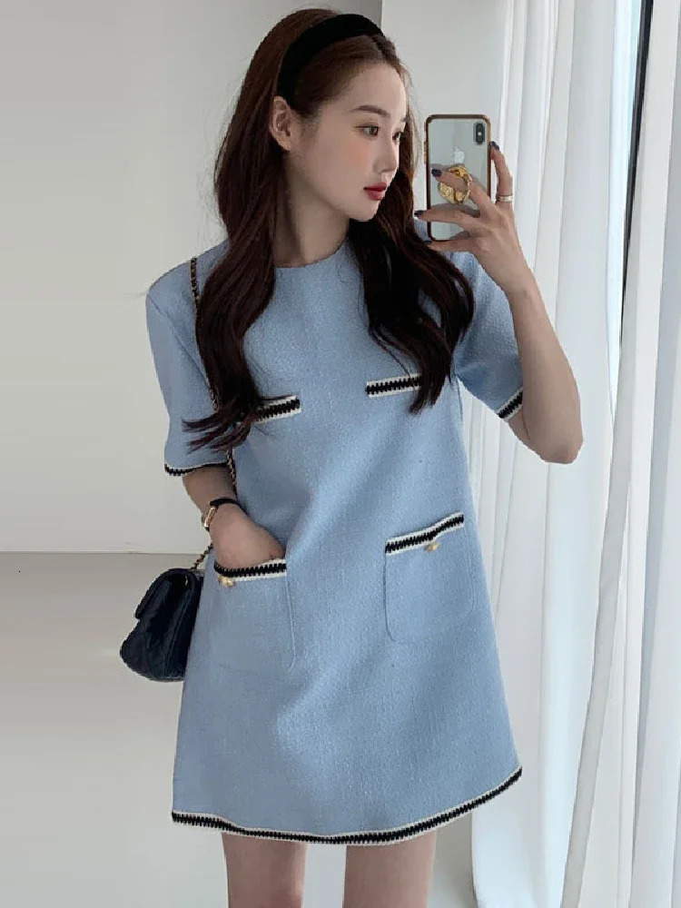Women Dresses Korean Chic Summer Simple Round Neck Contrast Color Trim Pocket n Loose Shortsleeved Tweed Dress Women 250731