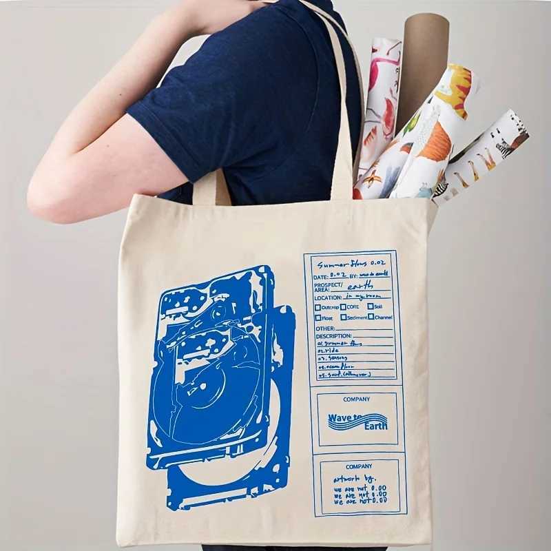 Wave To Earth Summer Flows Pattern Retro Record Graphics Canvas Tote Bag Reusable Shopper Bag For He And She Canvas Top Bag G250729