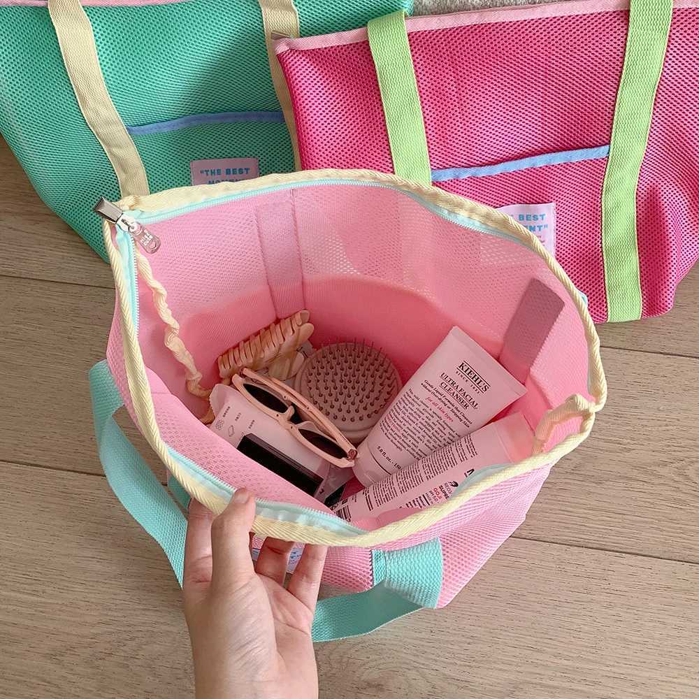 Summer Mesh Handbag for Girls with Zipper Foldable Shoulder Bag for Students Travel Beach Tote Jelly Purse G250729