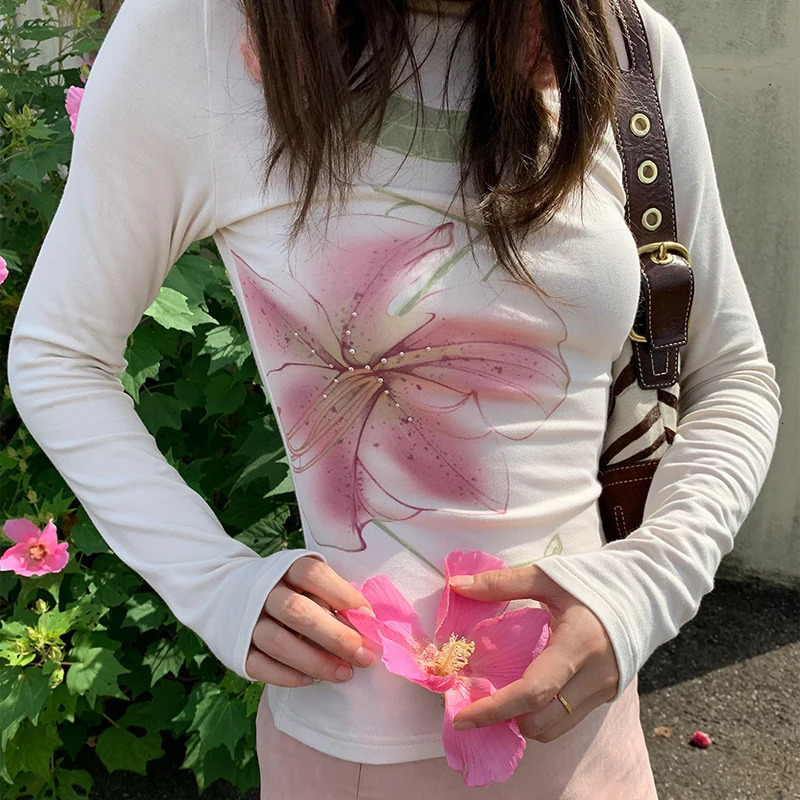 Lamuusaa Fairy Coquette Top Women y2k Clothing Rhinestone Floral Print Round Neck Long Sleeve T Shirts 2000s Clothes Streetwear 250730