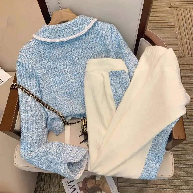 Spring Fashion Elegant Peter Pan Collar Chic Tassel Vintage Women Coat Blue Tweed Jacket High Waist Long Pants New Two Pieces dongdumaoyi