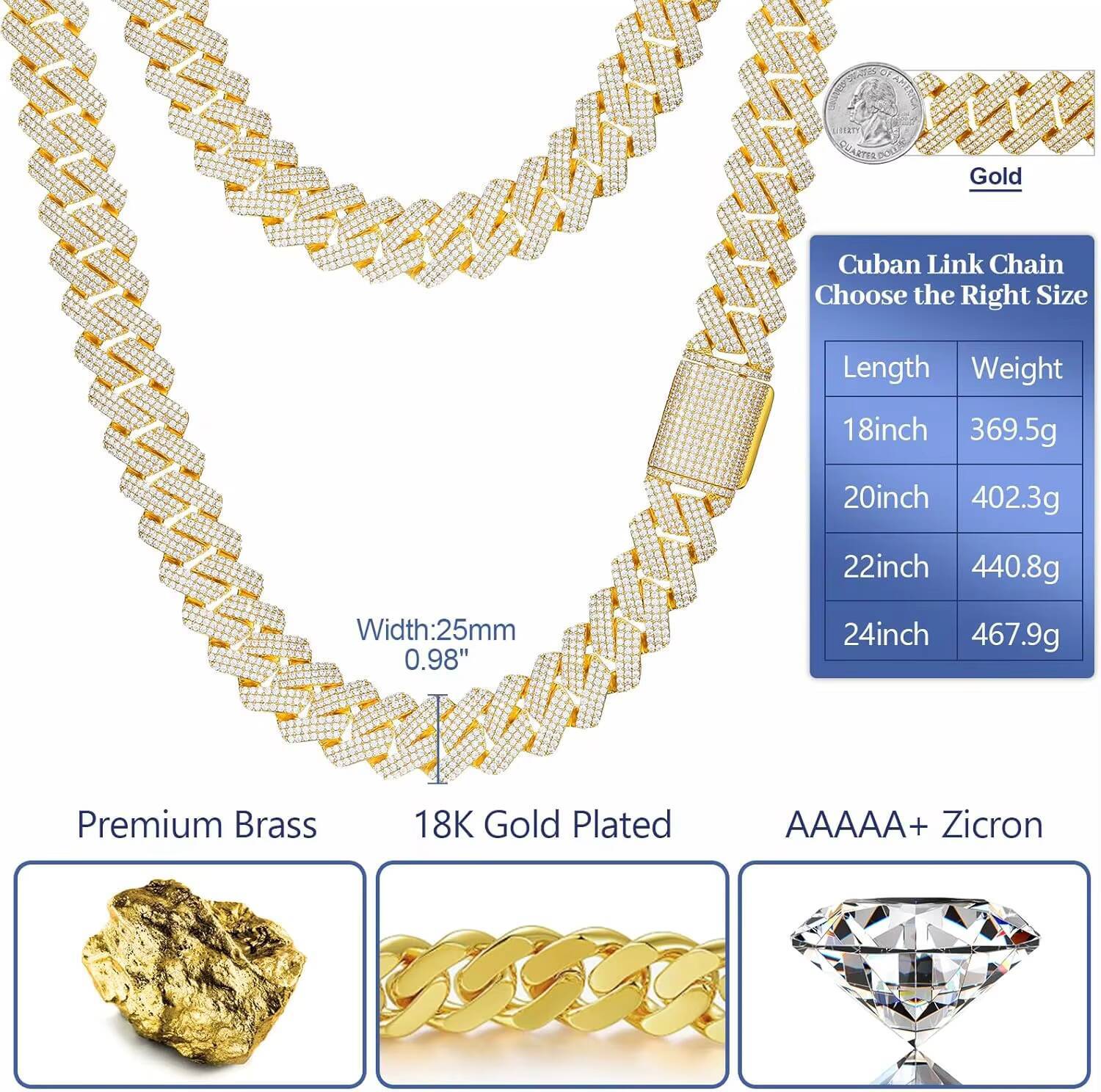 25mm Big Cuban Link Chain Fashion Hip Hop Jewelry 18K Gold Plated Brass Prong CZ Diamond Iced Out Chunky Rapper Necklace for Men