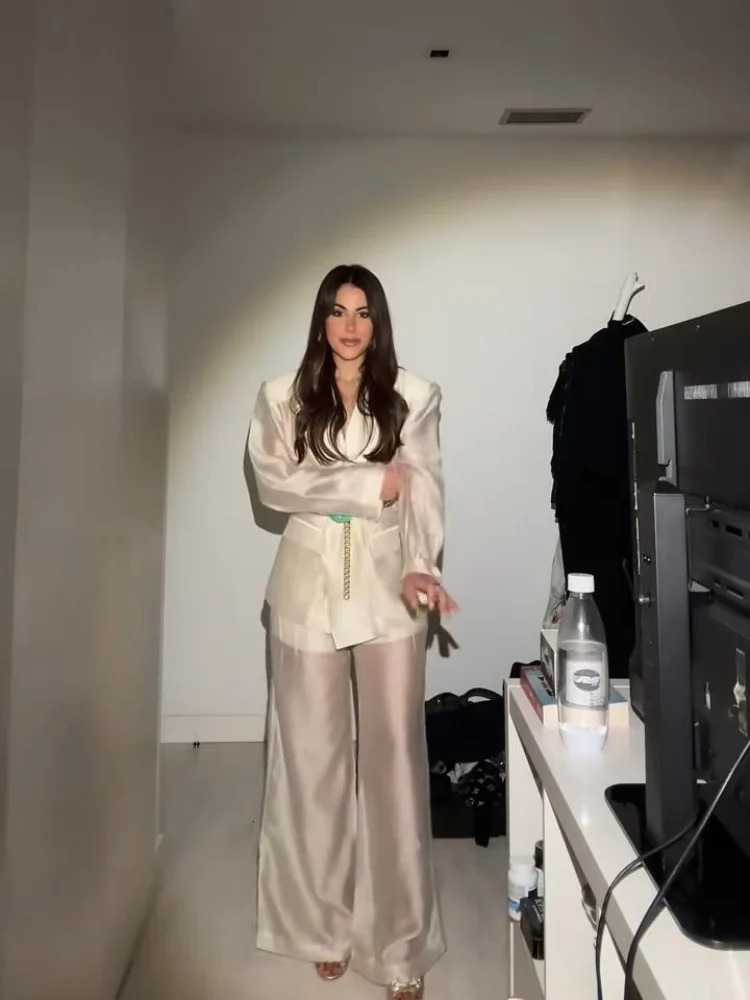 Fashion Womens Visible Shirts Blazer Trouser Suits Long Sleeve Button Pocket Lady 3 Pieces Set Spring Summer Female Suit 250731