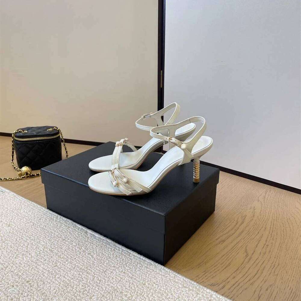 New Women Size34-41 Genuine Leather Sandals High Heels Pearls Pumps Summer Buckle Strap Designer Shoes Zapatillas De Mujer f45