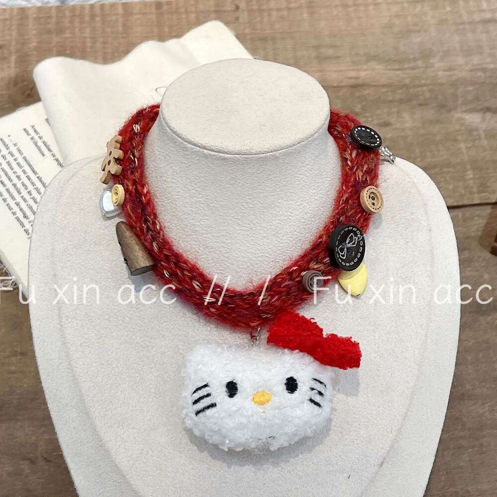 Cute Cartoon Meowing Cat Collar for Girls Sweet Niche Simple Woven Plush Woolen Doll Clavicle Chain e2a