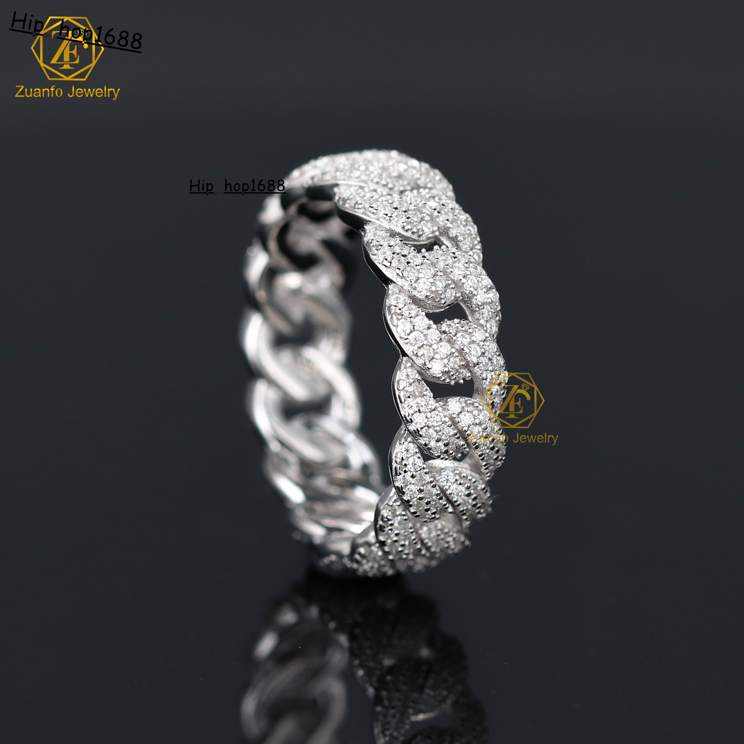RTS Fashionable Wholesale Hip Hop Rhinestone Chain Ring Jewelry Moissanite Diamond 7mm Cuban Link Chain Band Ring for Men