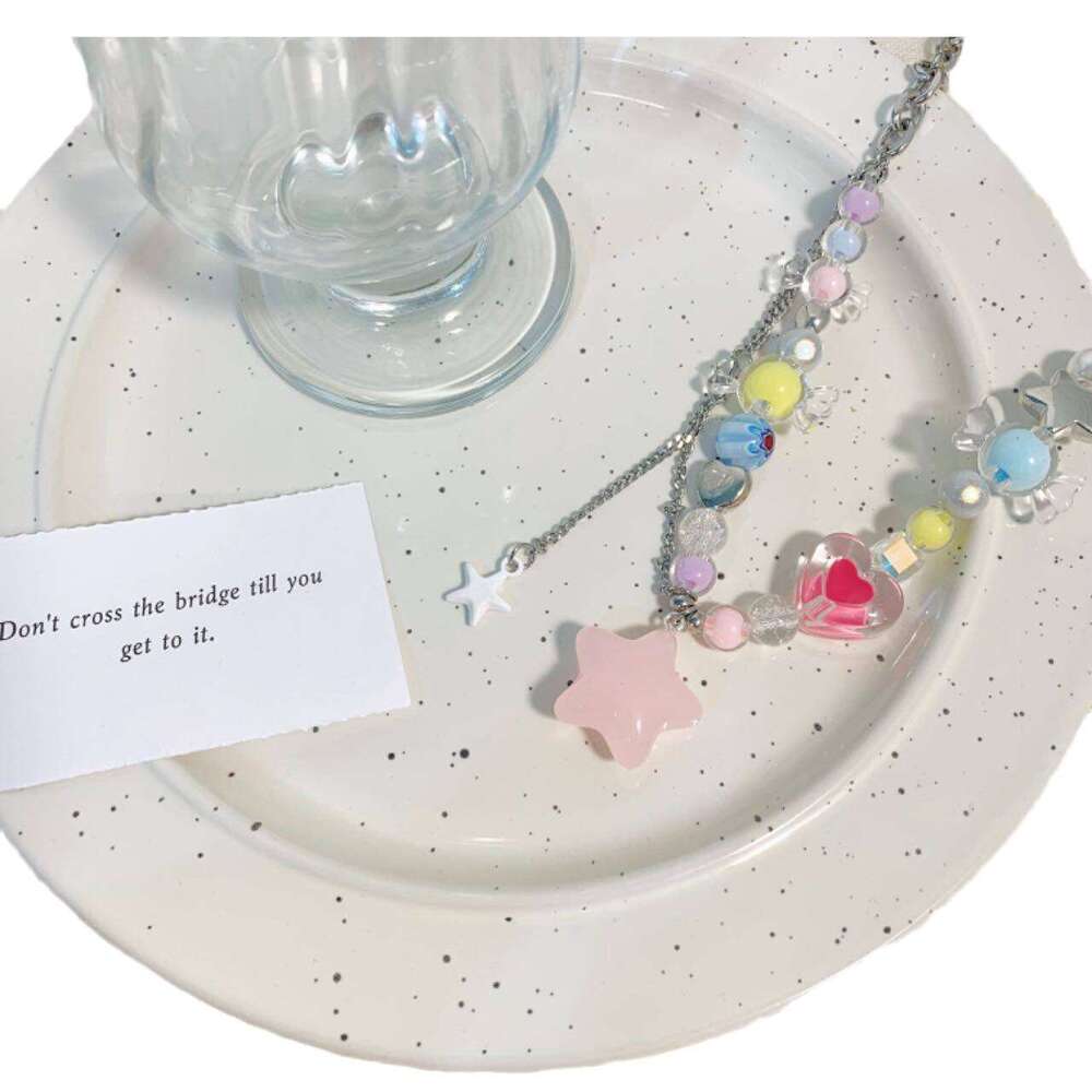 Dopamine Colorful Beaded Star Tassel Necklace Summer Sweet Heart Collarbone Chain Light Versatile Elegant Choker 996