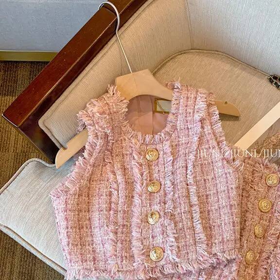 Pink Tweed 2 Pieces Sets Elegant Sleeveless Vest Women A-Line Korean Style Two Piece Skirt Suits Rich Girl Matching Outfit dongdumaoyi