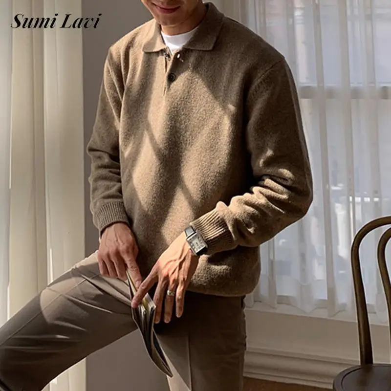 Autumn Winter Mens Knit Jumper Tops Casual Solid Color Button Lapel Sweaters Vintage Long Sleeve Sweater Polo Shirts 250731