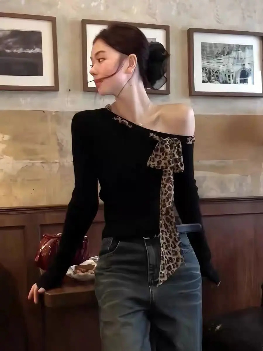 Off Shoulder Tops Y2K Bow Tied Long Sleeve Leopard T-Shirt Women Sexy Tight Basic Crop Top Lady Casual Black Tees Korean 250725