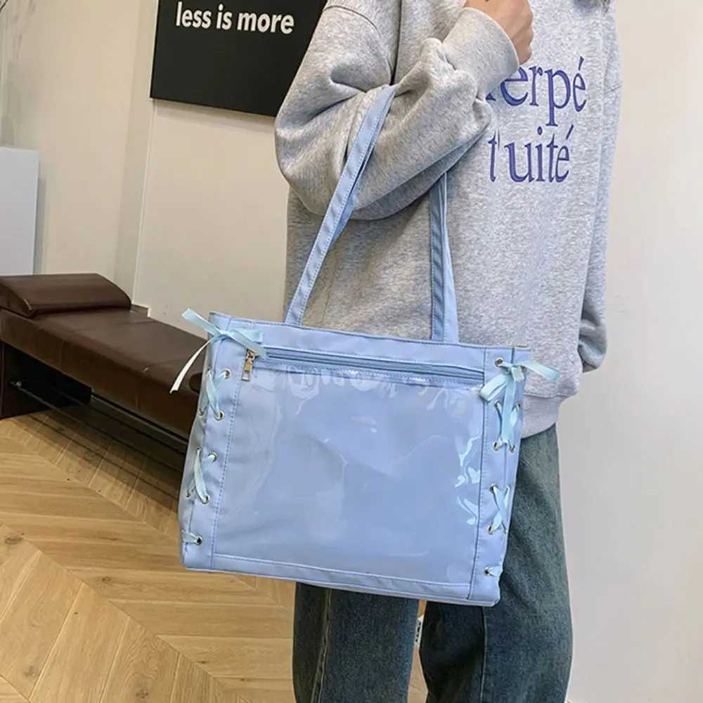 Single Badge Itabag Japanese Simple Itabag Cross Ribbon Lace-up Transparent Pocket PU Idol Aesthetic Shoulder Bag for Women Y250730