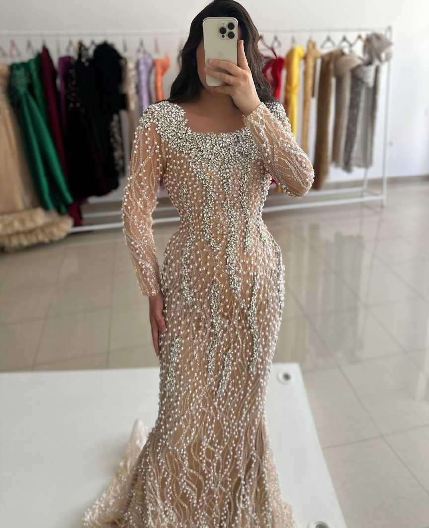 Exquisite Mermaid Evening Dresses For Women Jewel Neck Long Sleeves Gown Crystal Beaded Sweep Train Dress Party Customized Dress