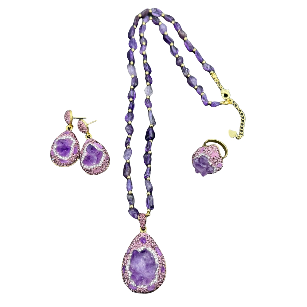 Rough Natural Amethyst Crystal Jewelry Set for Women Rhinestone Irregular Quartz Lucky Leather Bangle Rings Charm Necklace Sets