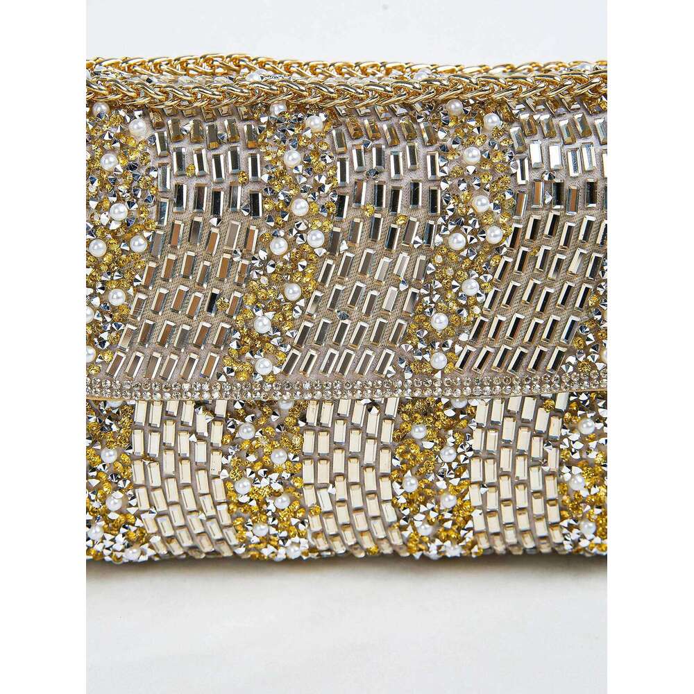 1PC Sier Square Bag,Glitter Bling,Shiny Glamorous,Elegant,Exquisite Big Rhinestone Chain Decor Shoulder Evening Bag, Top Two-w