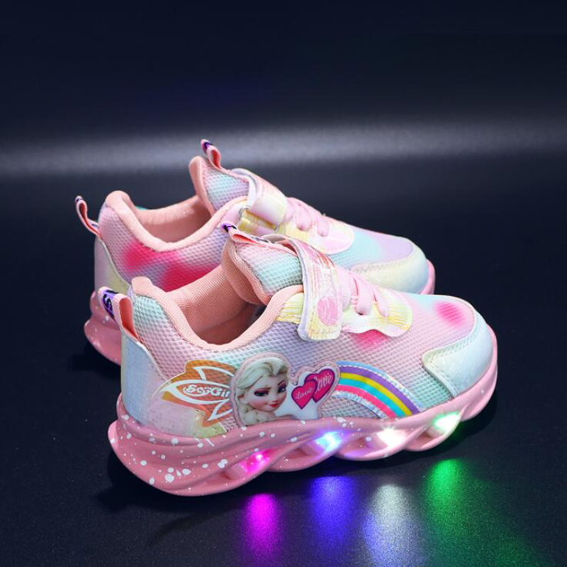 Cartoon LED casual sports shoes pink purple girls ice and snow Elsa princess printed outdoor shoes children's lightweight anti slip shoes