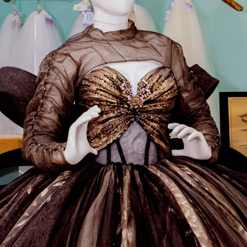 Dark Champagne Shiny Quinceanera Dresses Ball Gown Off The Shoulder Applique Beads Tiered Tull Party Birthday Sweet 16 Vestidos 15De Anos