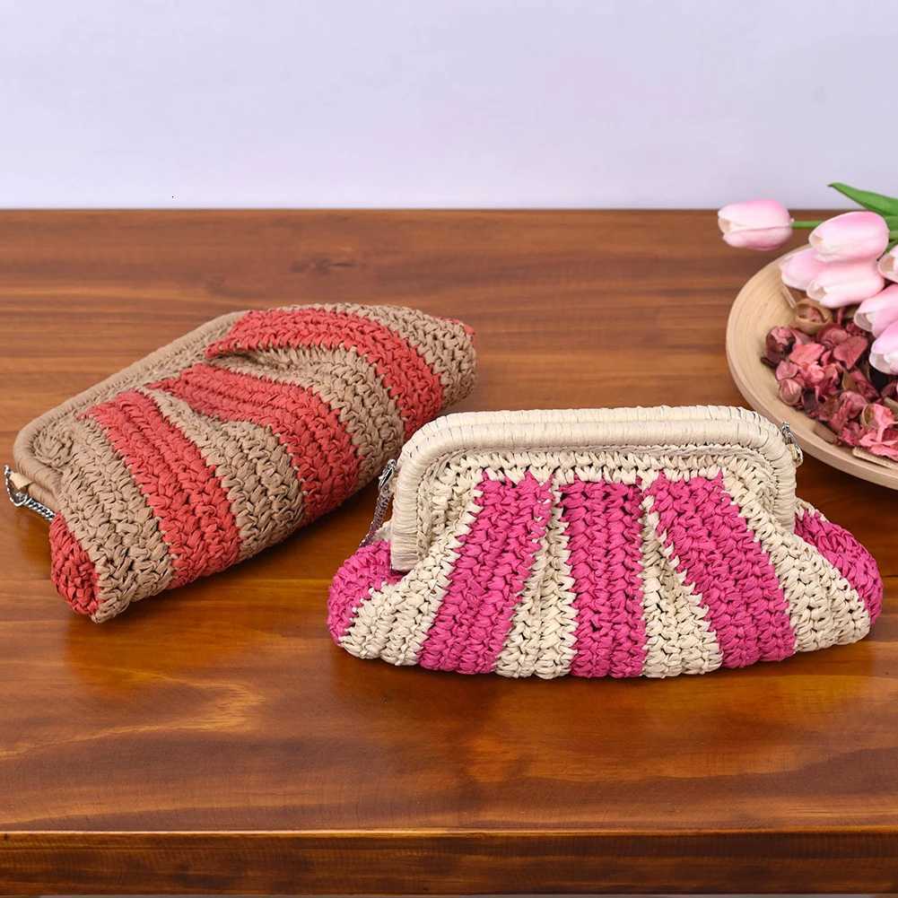 Straw Clutch Handbag Handmade Clutch Purse Cloud Dumpling Bag Striped Woven Handbag Designer Weaving Pouch for Outdoor Travel Y250730