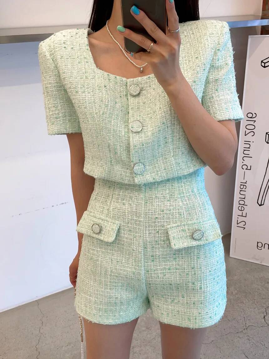 2025 Summer Korean Temperament Elegant 2 Piece Set Small Fragrance Tweed Sleeve Crop Top + High Waist Short Pants Outfit dongdumaoyi