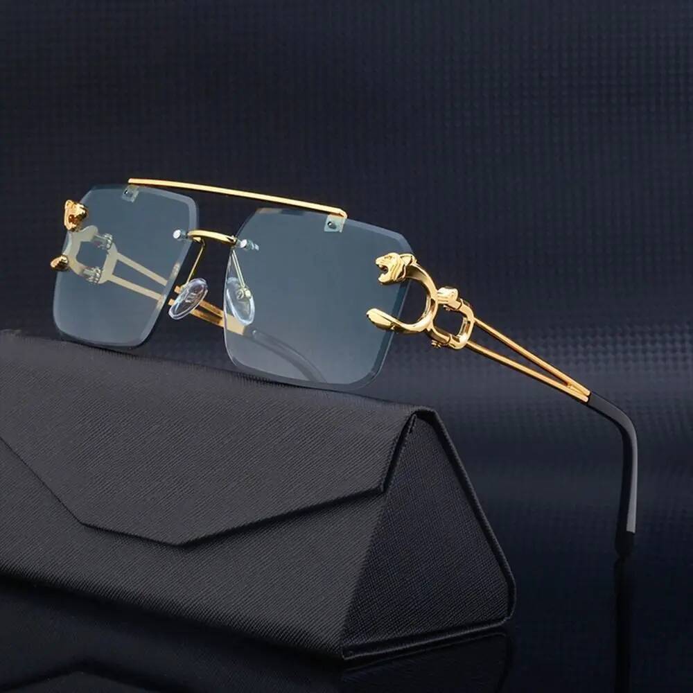 Steampunk Rimless Square Sunglasses Men 2025 Brand Designer Gold Lion Decoration Sun Glasses for Women Vintage Eyewear