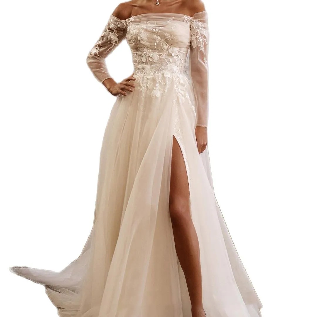 Off The Shoulder A Line Mermaid Wedding Lace Full Transparent Sleeve Bridal Gown High Split Tulle Dresses