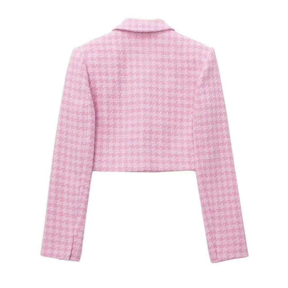 Women's Houndstooth Short Pink Plaid Blazer + Casual Textured Skirt Pants 2024 New Autumn Style