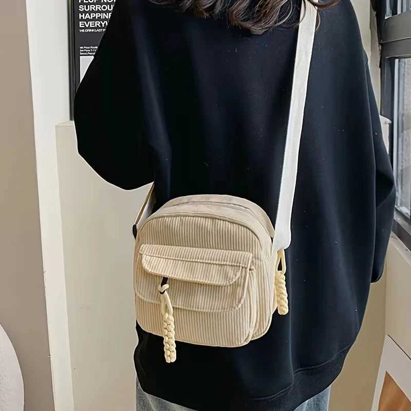 Corduroy Crossbody Bag for Women Casual Harajuku Style Zipper Closure Adjustable Strap Multi Pockets Polyester Lining Beige Y250730