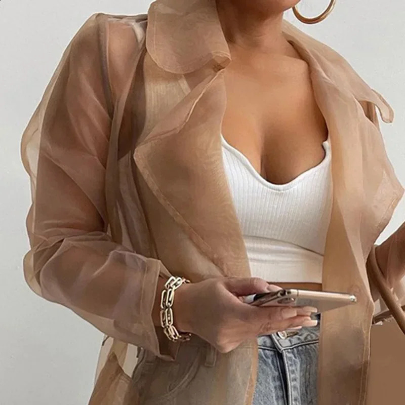Elegant Shirts Trench Coat for Women Fashion See Through Lace Up Spring Solid Sheer Mesh Long Sleeve Buttoned with Belt 250730