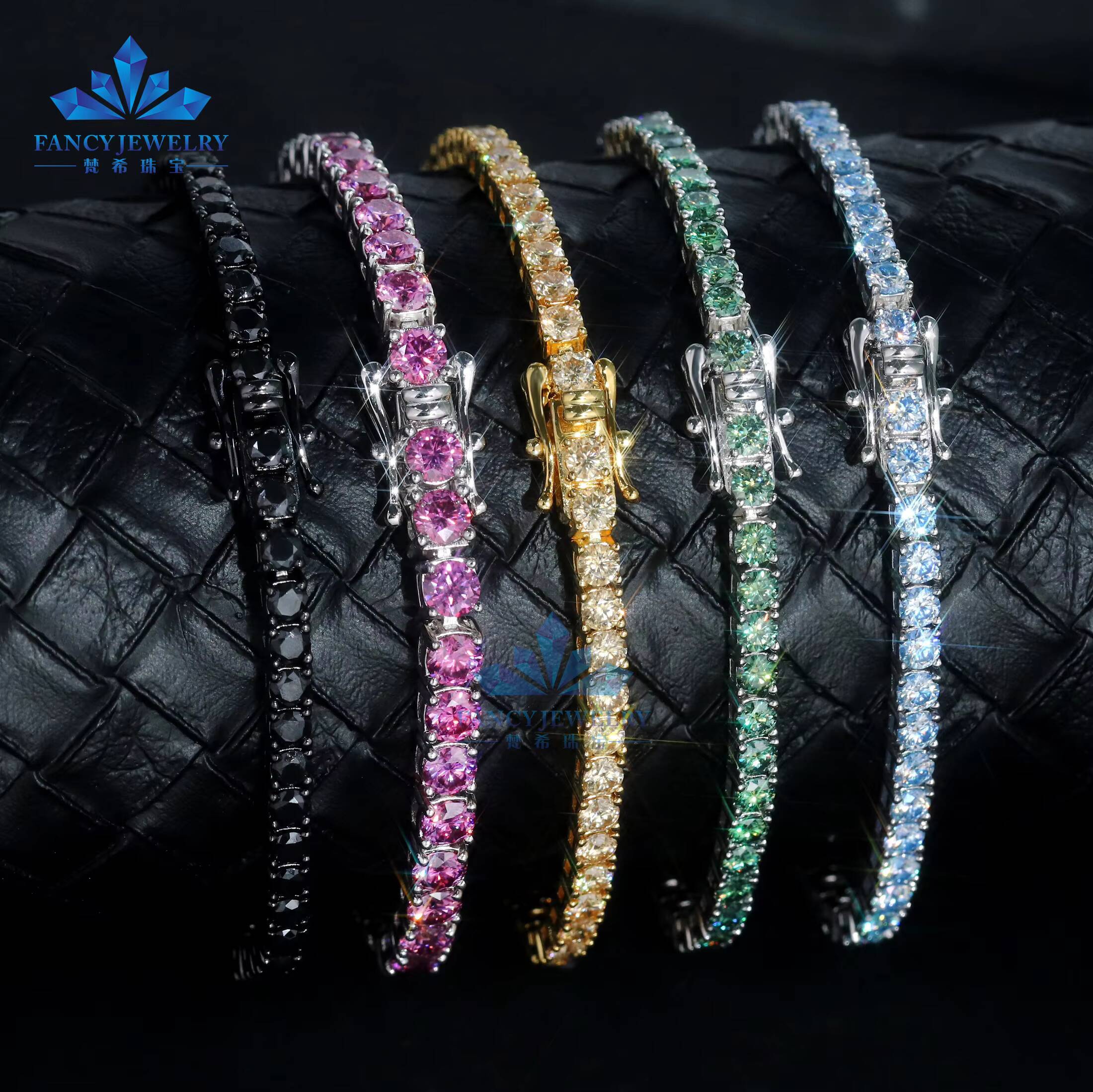 Iced Out Pink Black Yellow Green Blue Moissanite Colorful 3mm Moissanite Diamond Tennis Chain Tennis Bracelet for Women Men