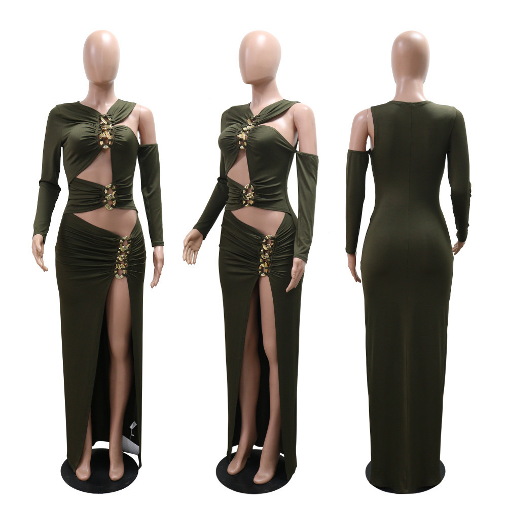 Womens Fashion Hot-Selling Long Sleeve Bodycon Dress Sexy Hollow Out Slit Bodycon Gown