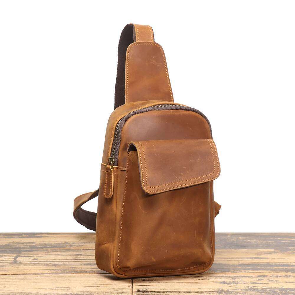 LUOKIR New Vintage Men's Chest Crazy Horse Leather Casual Crossbody Backpack Cowhide Large Capacity Shoulder Bag 250731