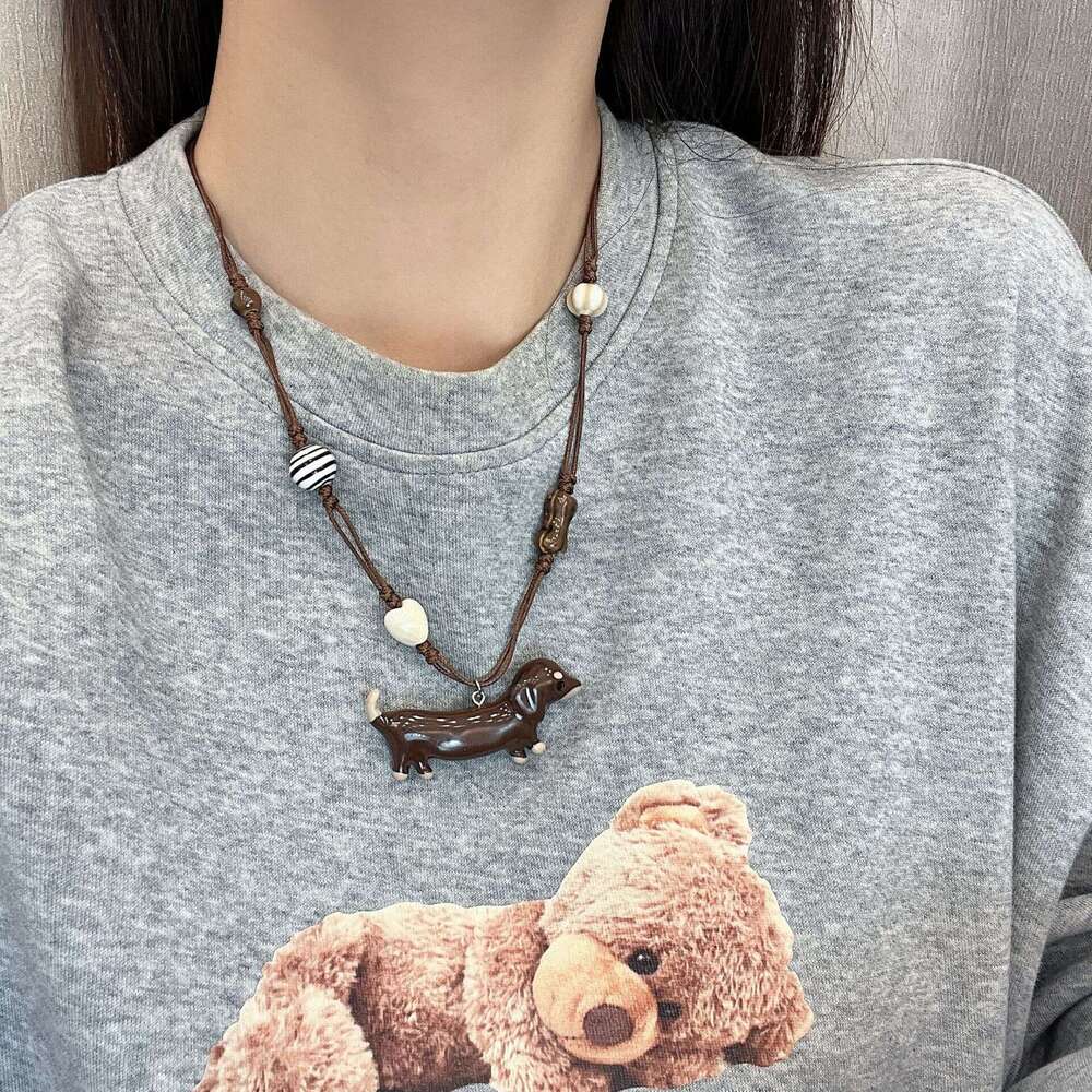 Cute Dog Red Scarf Pendant Necklace High-end Light Niche Autumn Winter New Sweater Chain Accessories for Women e0e