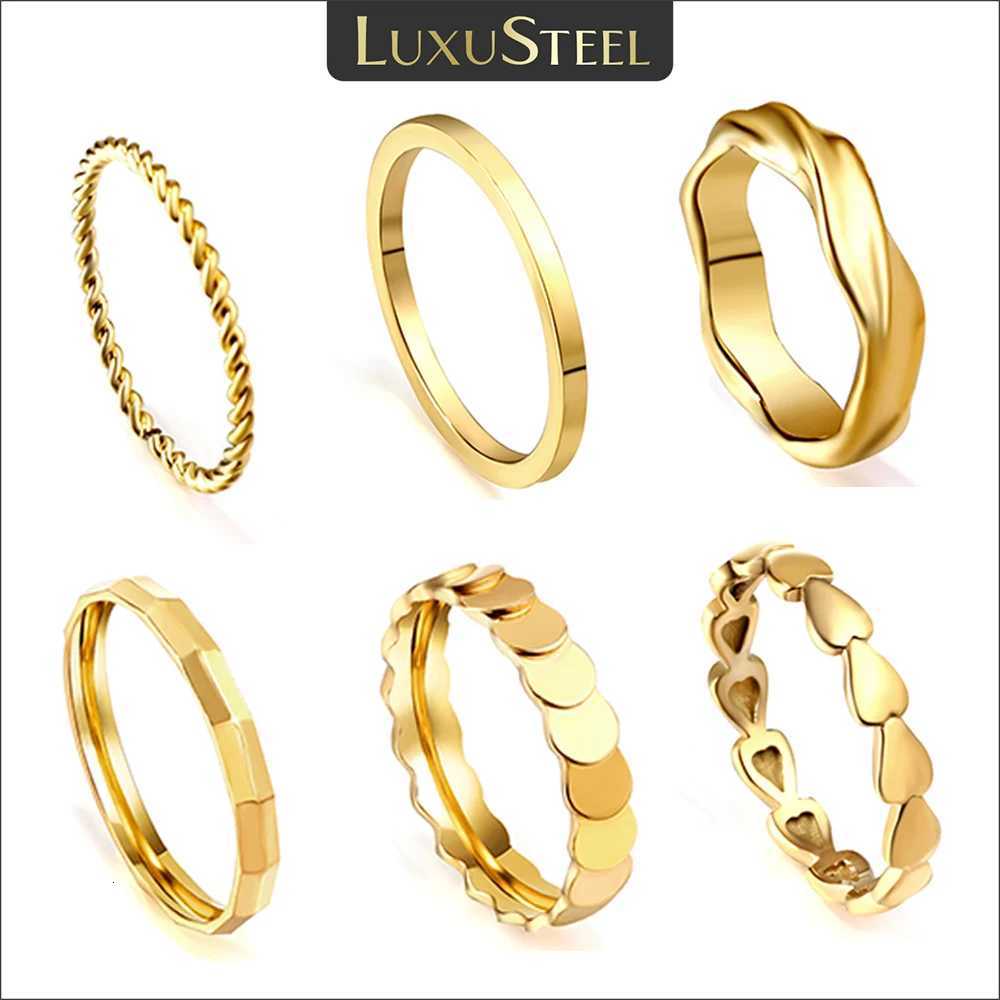 LUXUSTEEL Stainless Steel Women Rings Simple Twist Rope Coin Heart Round Texture Waterproof Finger Bands Ring Wedding Jewelry y250730