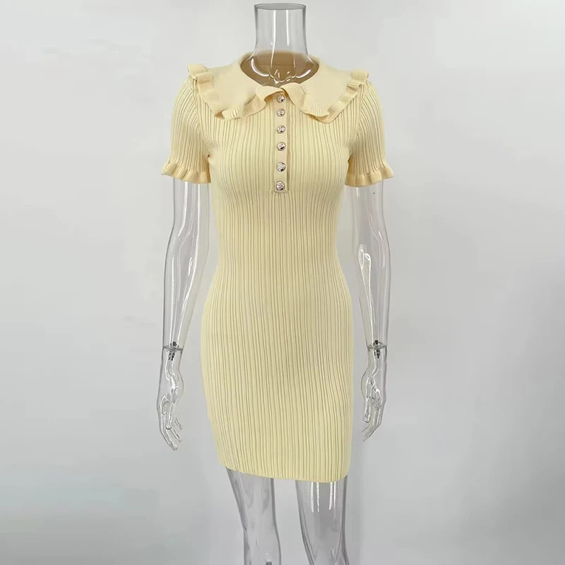 Summer High Waist Ruffled Knitted Mini Dresses for Women Short Sleeve Bodycon Dress Female Retro Elegant Dress 250731