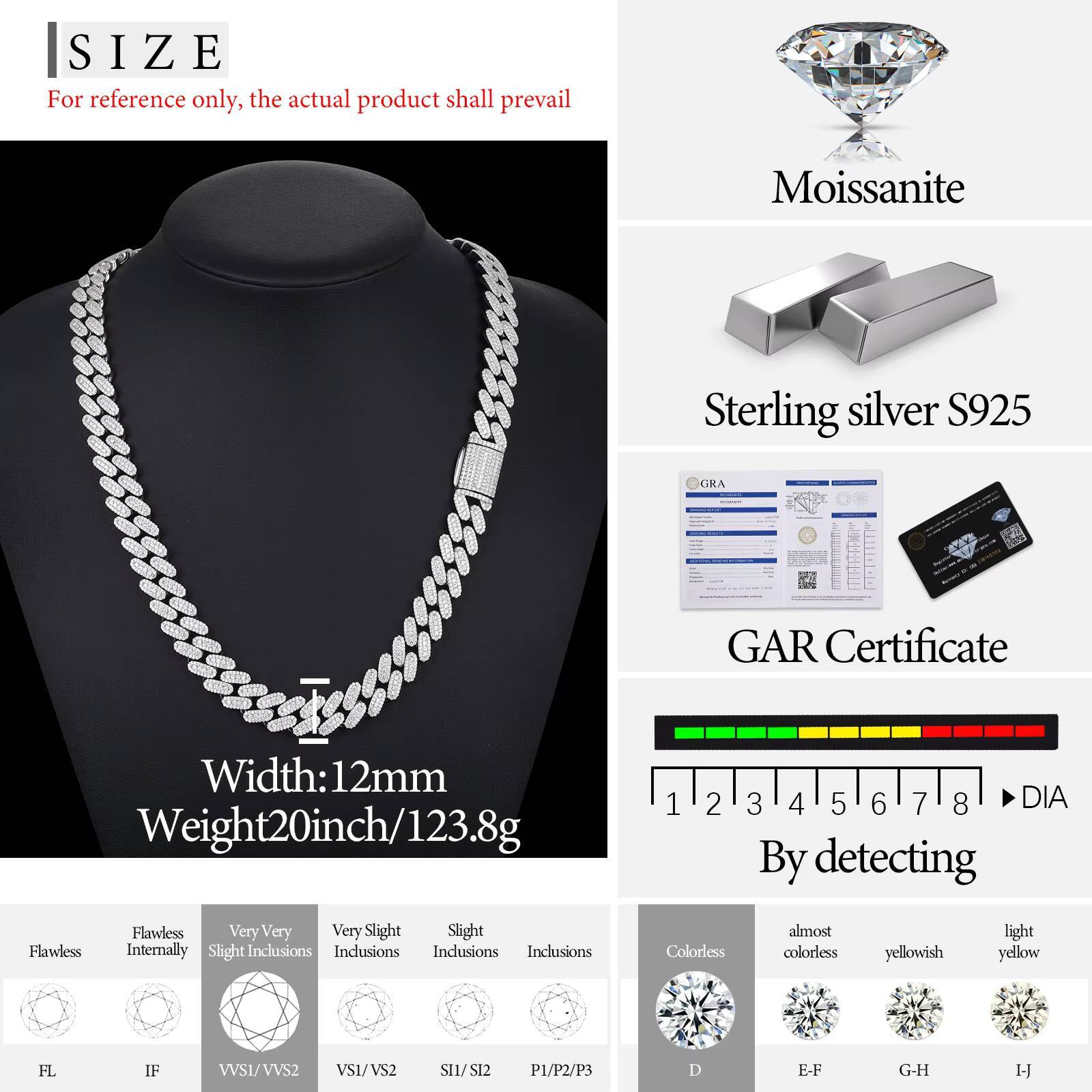 Fashion Rappers Jewelry Prong Setting VVS Moissanite Diamond Iced Out 12mm Cuban Link Chain 925 Sterling Silver Necklace Jewelry