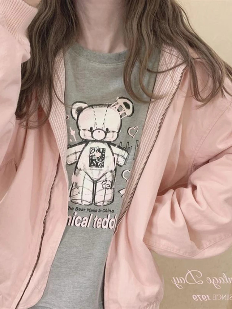 Xgoth Pink Jacket Women Spring Autumn Preppy Oversize Coat Casual Short Windbreaker Jacket Lovely Streetwear 250728