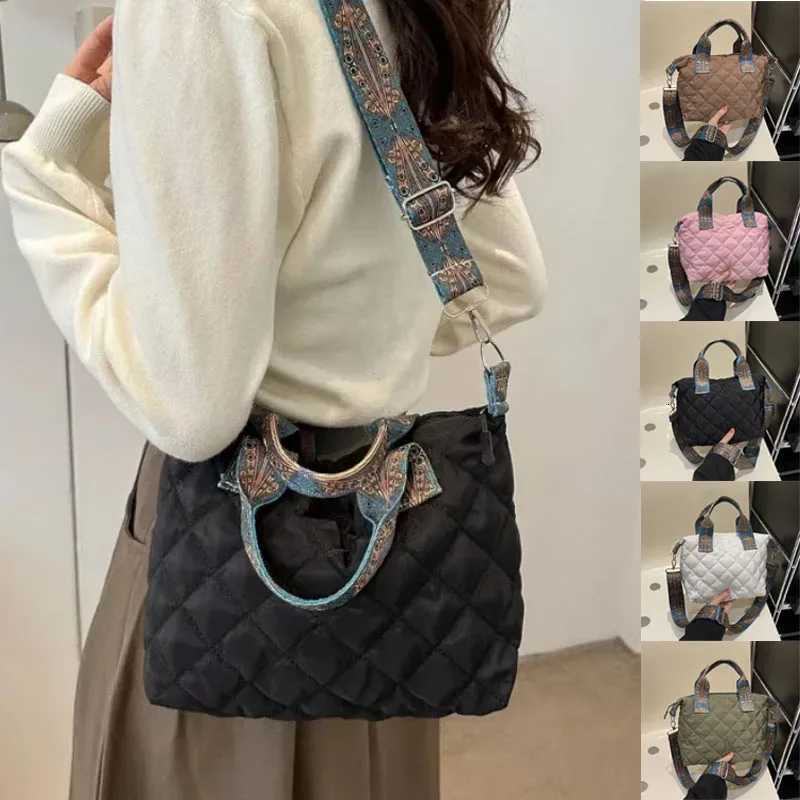 Women Wide Shoulder Belt Handbag Large Capacity All-Match Shopping Tote Bag Fall/Winter Rhombus Space Cotton Shoulder Bag Y250730