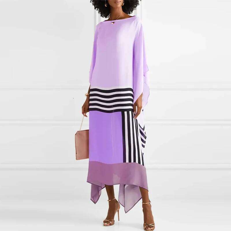 Candy Stripe Print Patchwork Kaftan Dresses Womens Spring Round Neck Irregular Long Summer Batwing Sleeve Boho Maxi Dress