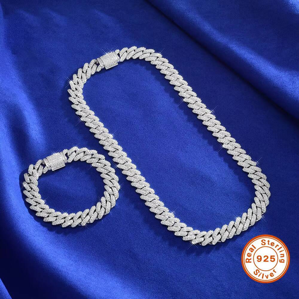 High Quality 14mm Cuban Necklace Hip Hop Jewelry Silver Moissanite Electroplated Link Chain Featuring Pearls Zircon