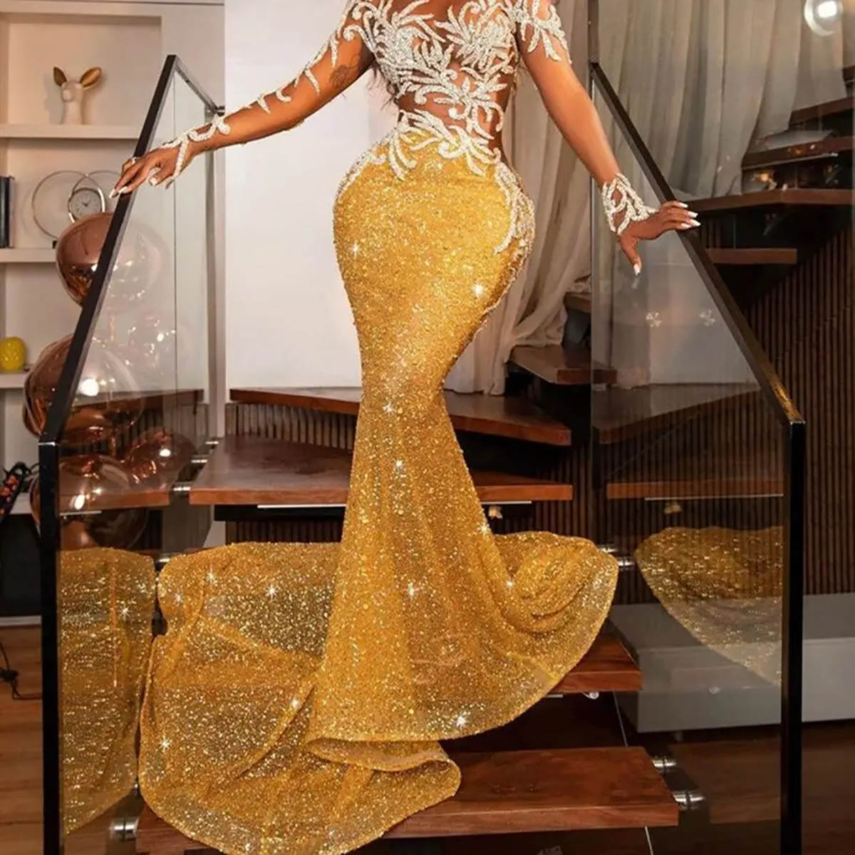 Exquisite Mermaid Prom Dresses Long Sleeves Customized Evening Dresses Crystal Sheer Jewel Neck Special Occasion Dresses