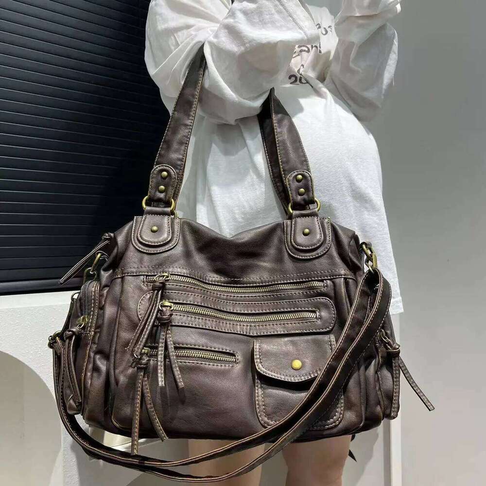Y2K Hot Girl Single Shoulder Crossbody Vintage Washed Leather Motorcycle Large Capacity Multi Pocket Bag OLOEY