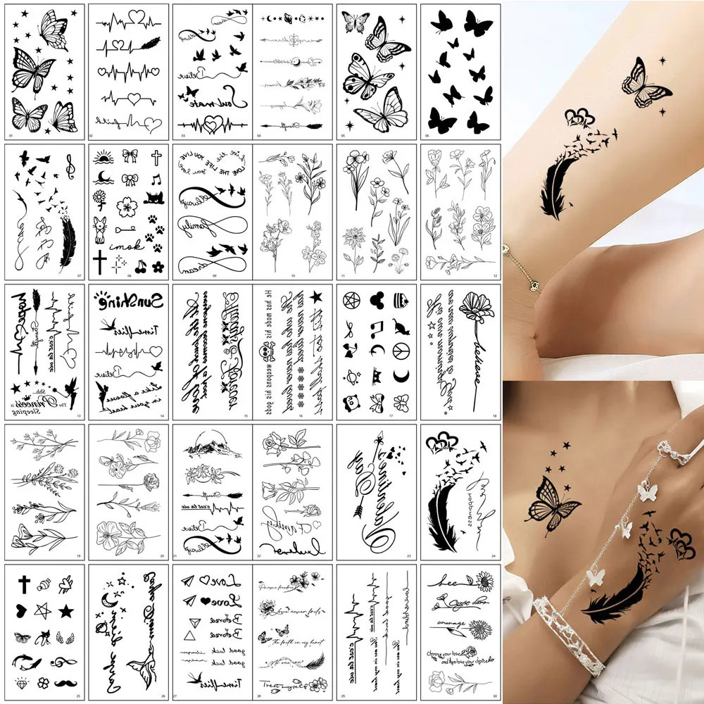 30Pcs Black Flower Tattoo Stickers Butterfly Rose Moon Star Small Temporary Tattoos Mandala for Hand Body Chest 250731