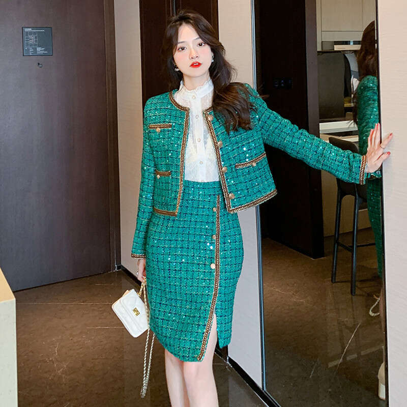 Socialite Elegant Green Tweed High-End Coat Irregular Bodycon Skirt Set 2023 New Thickened