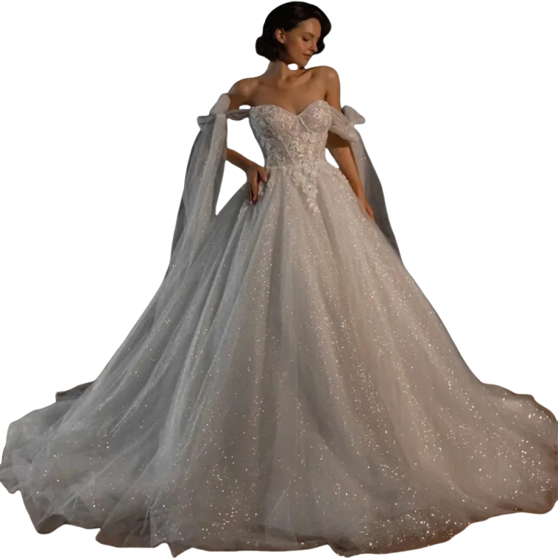 2025 Straps Off Shoulder A-Line Wedding Dresses Shiny Ivory Tulle Bridal Gown Lace Appliques Beaded Luxurious Formal Dress Custom Made Back Lace-up Co