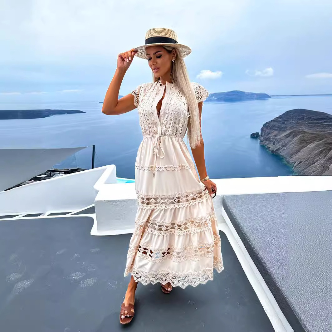 Womens Fashion LaceUp WaistCinching Lace Trim Patchwork Long Dress 250731