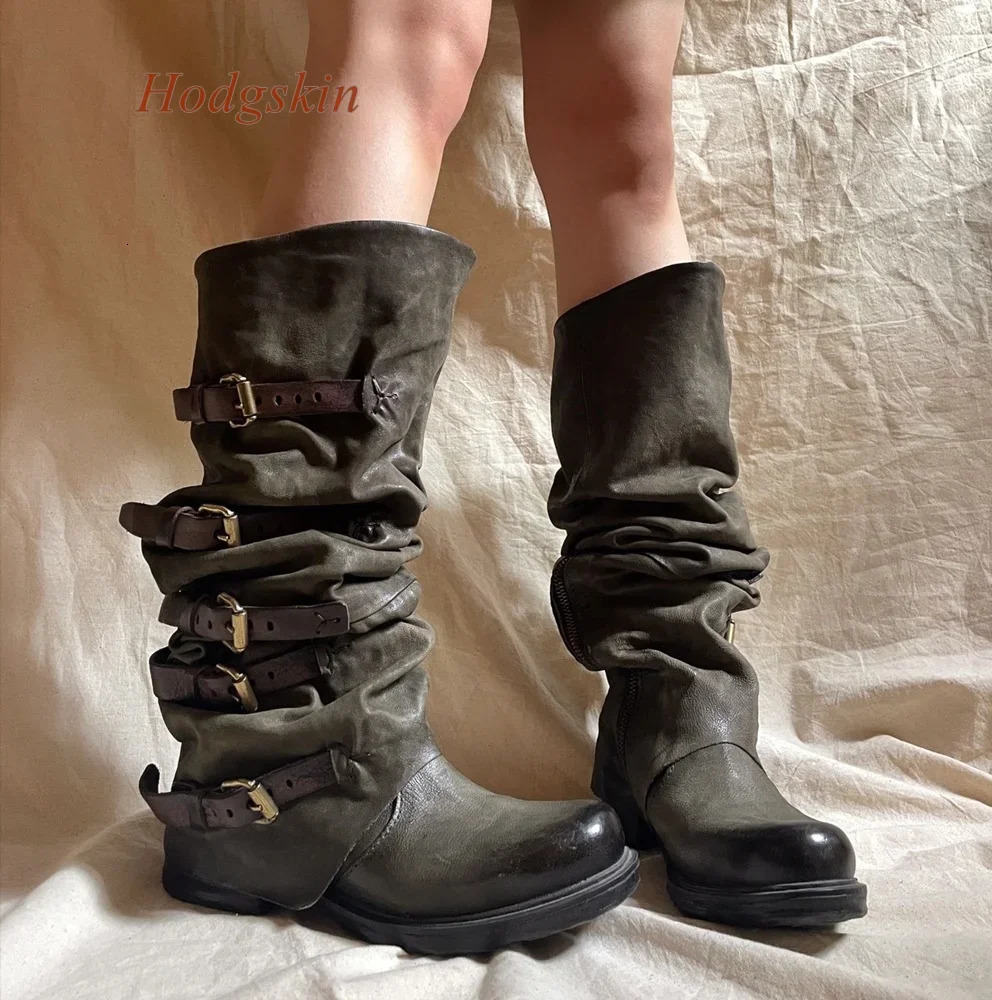 Sewing Denim Round Toe Women Boots Belt Buckle Platform Knee High Pleated Boots Solid Slip On Fashion Casual Comfortable Boots 250729