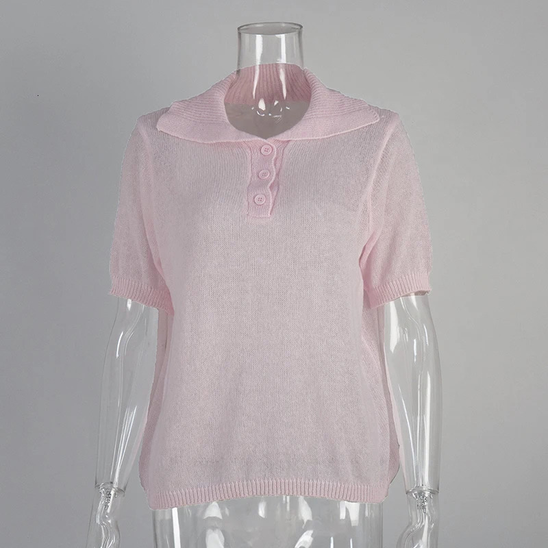 Tornova Knitted Short Sleeve T shirt Womens Polo Fashion Hollow Thin Sweater Top 2025 Summer Casual Female Solid Knitwear 250724