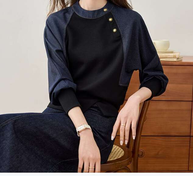 Designer Clothing 2025 YAO Splicing Raglan Sleeve Sweatshirt Autumn Korean Style Round Neck Pullover Slightly Elastic Women's Hoodie