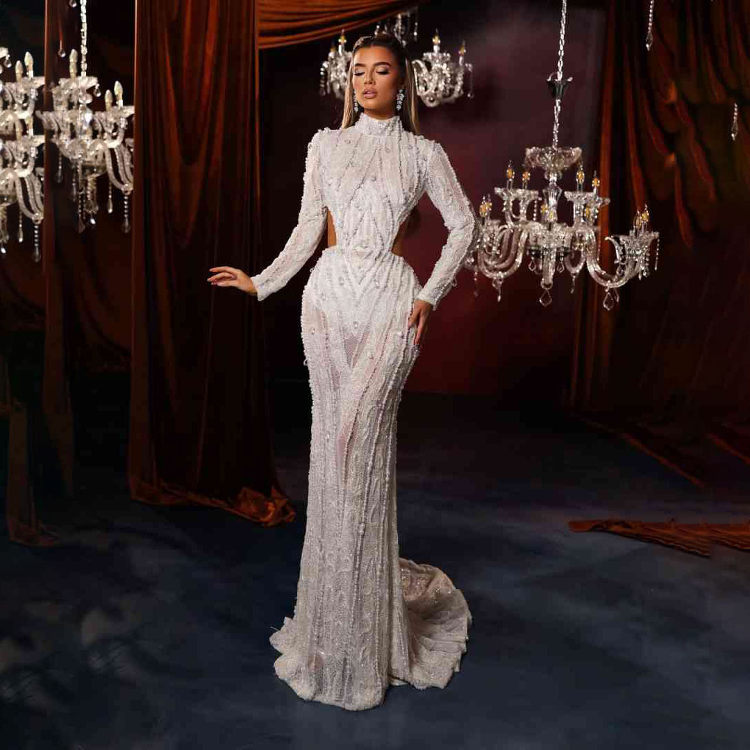 Sexy Mermaid Evening Dress Sequined Beads Pearls Special Occasion Prom Dress Women Party Sweep Train Prom Gowns vestido de novia Size Customized H2516